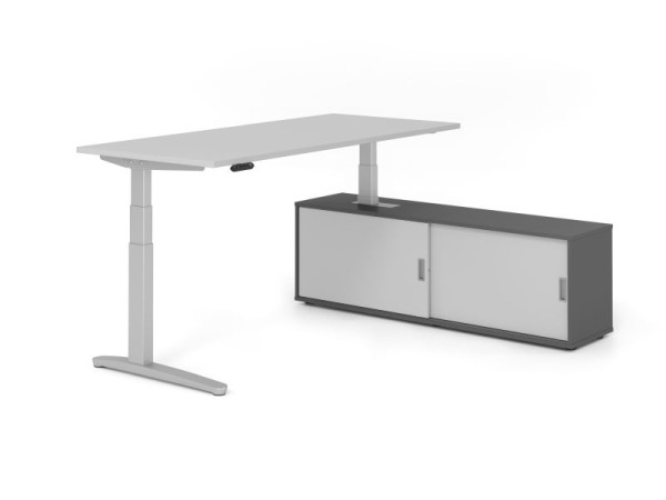 Hammerbacher Schreibtisch XBHM19, 180x80cm, Platte: Grau, 25mm dick, C-Fuß Gestell Silber, Höhe: 65 - 129 cm, Ahorn, SB/5/S/G/5, VXBHM19SB/5/S/G/5