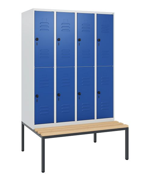 C+P Doppelstöckiger Spind Classic PLUS, 4 Abteile, 1950x1200x815mm, 7035/5010, Drehriegel, Buche-Sitzleisten, mit untergebauter Sitzbank, 0803505-40 S10003