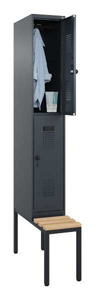 C+P Doppelstock-Spind Evolo PLUS, Bank, 2 Fächer, 2120x300x815mm, 7016/7016, Drehriegel, Sitzfläche Buche-Hartholz, Sitzbank, 0493507-10 S10016