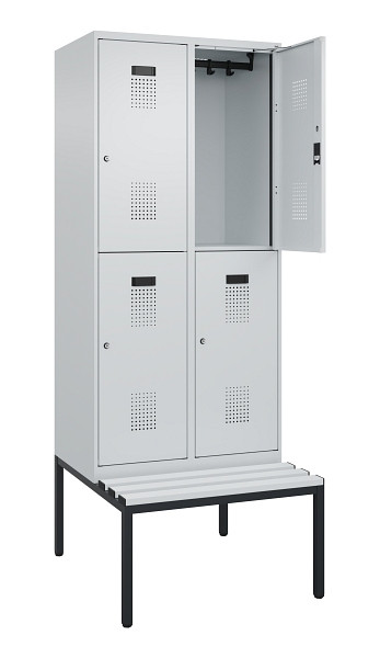C+P Doppelstock-Spind Evolo PLUS, Bank, 4 Fächer, 2120x800x815mm, 7035/7035, Zylinderschloss, Sitzfläche Kunststoff, Sitzbank, 0493507-22 S10121