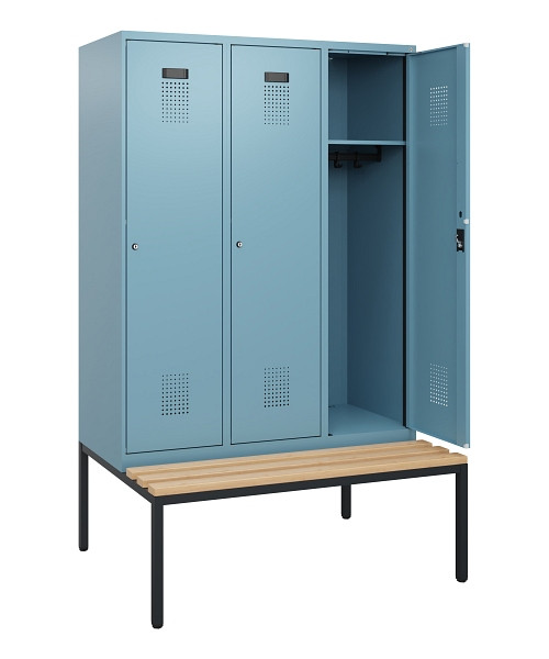 C+P Spind Evolo PLUS, 3 Abteile, 1950x1200x815mm, 0010/0010, Zylinderschloss, Sitzfläche Buche-Hartholz, Sitzbank, 0490505-32 S10048