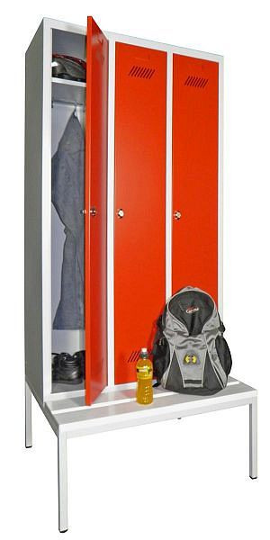 Pavoy Kleiderschrank mit Sitzbank 2150/500/900, 3 Abteile, Drehriegelverschluss, Abteilbreite 300, PVC-Leisten, 60212-313-032-716611