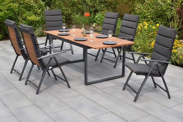 Merxx Santorin Set 13-teilig, 6 Klappsessel, 6 Auflagen, grau, 1 Ausziehtisch 150 (200) x 90 cm, Aluminium mit FSC Akazienholz, 51072-800