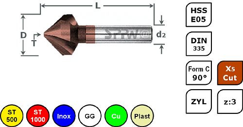 SPPW Kegelsenker HSS-E05+X5.Cut 90° z:3 Form C L: 63 Ø20,5, 1546072050