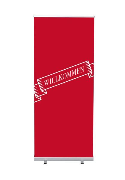 Showdown Displays Roll-Banner Budget 85 Komplettset Willkommen Rot Deutsch, RBB085LSFI400