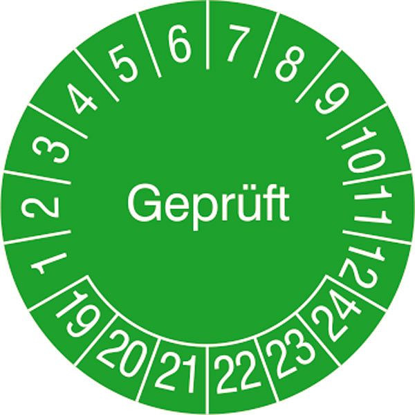 SafetyMarking Prüfplakette, Geprüft, Prüfzeitraum: 19-24, Ø 3 cm, Folie, selbstklebend, VE: 15 Stück/Bogen, 30.3724-19-24