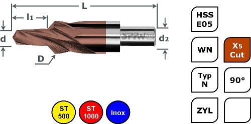 SPPW Kurzstufenbohrer HSS-E05+X5Cut 90° L: 100x19 Ø8,4x16,4 - M8, 1234070800