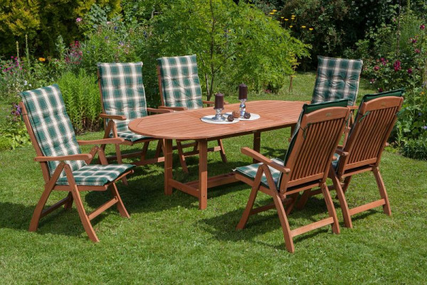 Merxx Maracaibo Set 13-teilig, 6 Maracaibo Klappsessel, 6 Wendekissen, grün kariert / grün uni, 1 Ausziehtisch oval 120 (170) x 100 cm, 50033-100