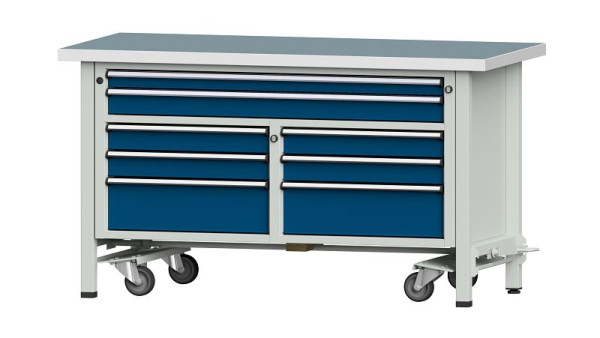 ANKE Werkbänke Kastenwerkbank, Modell 259 V, 1500 x 700 x 840 mm, RAL 7035/5010, UBP 40 mm, mit absenkbarer Fahreinrichtung, 304.228