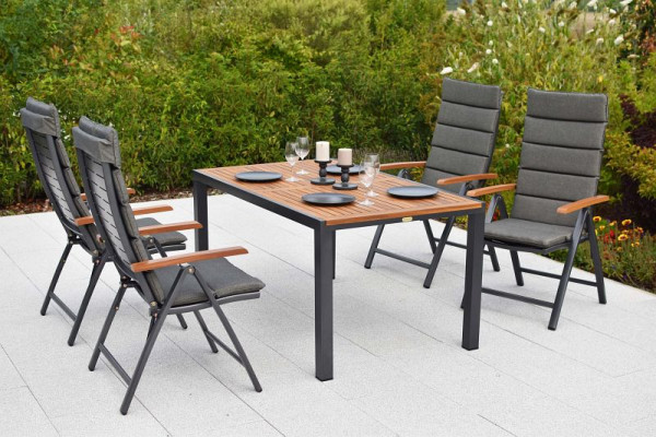 Merxx Tinos Set 9-teilig, 4 Tinos Klappsessel, folierte Armlehnen, Holzoptik, 4 Auflagekissen grau, 1 Tisch 150 x 90 cm, Tischplatte Akazienholz, 50346-800