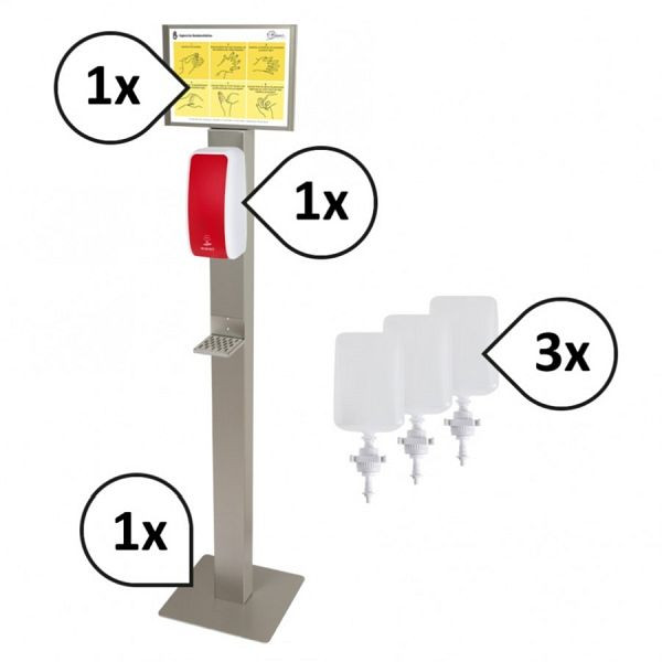 Blanc Hygienic SET: Desinfektionsspender SENSOR Cosmos + Bodenständer, Infotafel, Desinfektion & Hygieneplan, Farbe: rot/weiß, PS-BodS-CDM-DES-5300WR