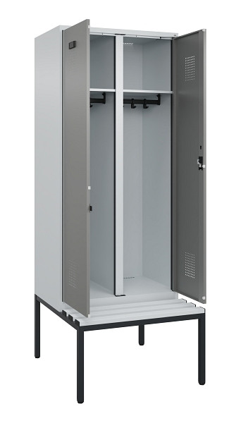 C+P Schwarz-Weiß-Spind Evolo PLUS, Bank, 2 Abteile, 2120x800x815mm, 7035/0004, Zylinderschloss, Sitzfläche Kunststoff, Sitzbank, 0490527-22 S10095