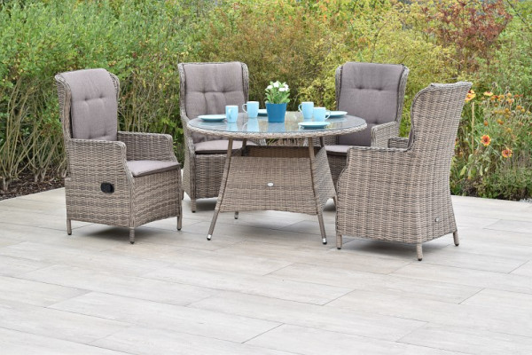 Merxx Riviera Set 9-teilig, 2 Riviera Sessel verstellbar, 2 Riviera Sessel mit hoher Rückenlehne, 1 Tisch Ø 120 x 74 cm, naturgrau, 28363-253