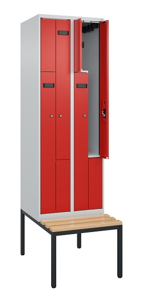 C+P Z-Spind Evolo PLUS, Bank, 4 Fächer, 2120x600x815mm, 7035/3020, Zylinderschloss, Sitzfläche Buche-Hartholz, Sitzbank, 0490537-204 S10034