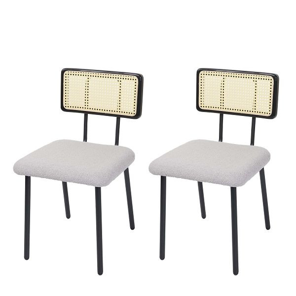Mendler 2er-Set Esszimmerstuhl HWC-K88, Lehnstuhl Stuhl, Holz Poly-Rattan Metall Bouclé, Stoff/Textil hellgrau, 97710