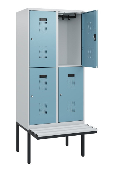 C+P Doppelstock-Spind Evolo PLUS, Bank, 4 Fächer, 1950x800x815mm, 7035/0010, Zylinderschloss, Sitzfläche Kunststoff, 0493405-22 S10144