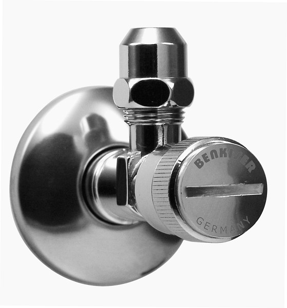 Benkiser Eckventil mit integriertem Filter 1/2" x 3/8", mit MS-Quetschverschraubung, Längenausgleich für CU-Rohr Durchmesser 10mm, Schubrosette, 7883812