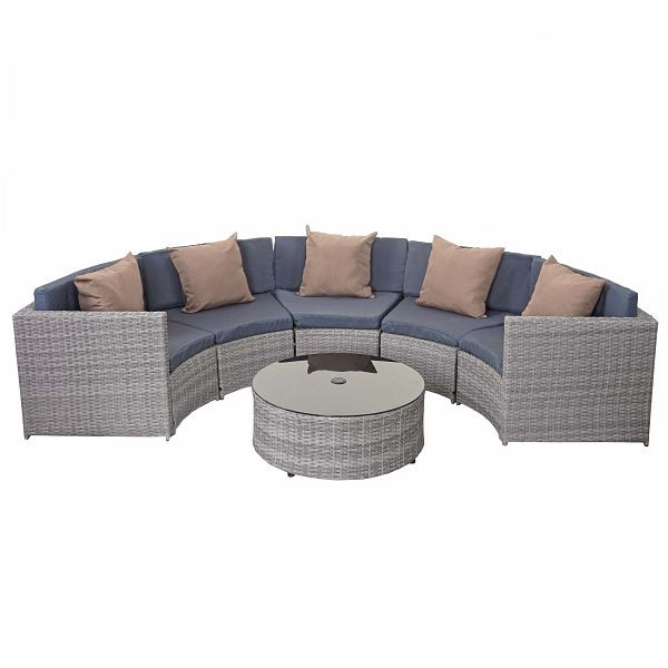 Mendler Poly-Rattan Garnitur rund HWC-E17, Garten-Set Sitzgruppe, grau, Polster dunkelgrau, Kissen beige, 65122+65123+65124
