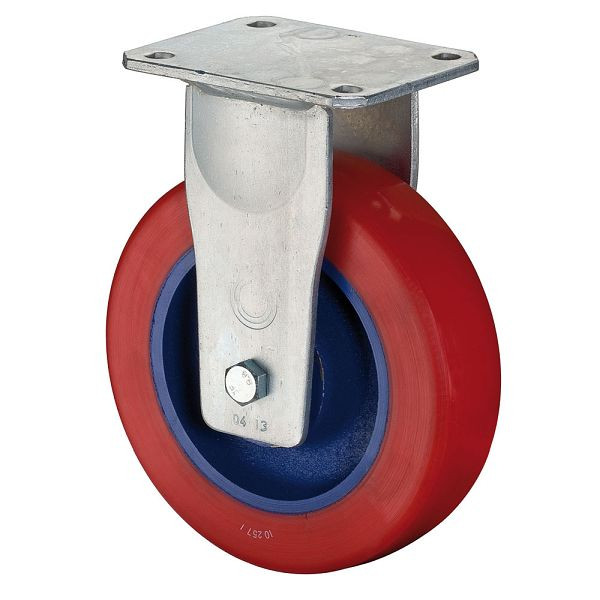 BS Rollen Schwerlastrolle, Bockrolle, Rad-Breite 80 mm, Rad-Ø 250 mm, Tragfähigkeit 950 kg, Guss-Polyurethan 78 Shore A, Guss, Kugellager, RR110.C11.251