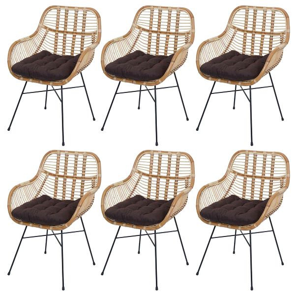 Mendler 6er-Set Esszimmerstuhl HWC-P17, Küchenstuhl Korbstuhl Rattansessel Rattanstuhl Stuhl, Kubu Rattan Metall, Polster braun, 6x139661