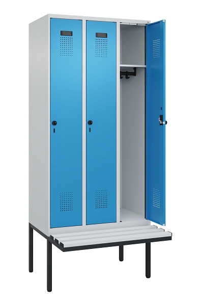 C+P Spind Evolo PLUS, 3 Abteile, 2120x900x815mm, 7035/5012, Haken 3, Drehriegel, Material Sitzfläche Kunststoff, 0490407-30 S10061