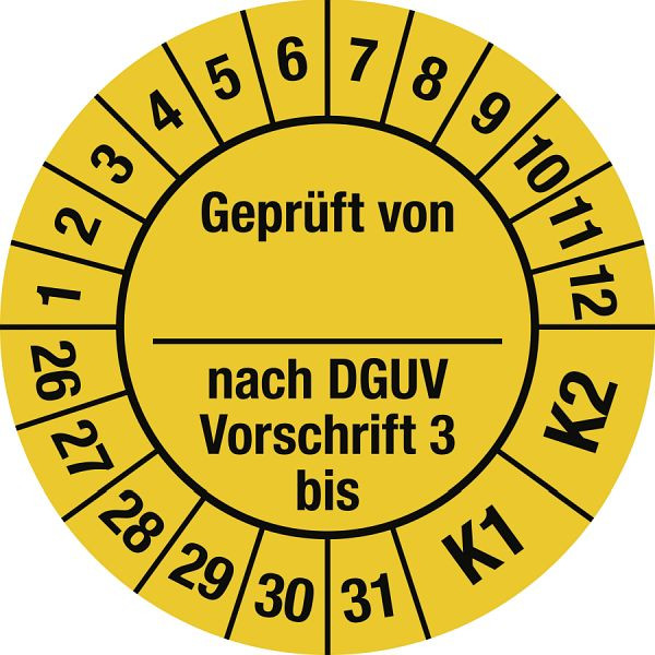 Moedel Prüfplakette Geprüft...DGUV Vorschrift 3 bis, 2026-2031, Folie, Ø 30 mm, VE: 10 Stück/Bogen, 107170