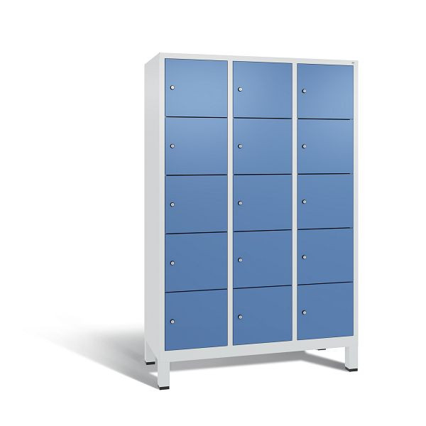 C+P Schließfachschrank Evolo, 15 Fächer, H1850xB1200xT500 mm, Grau/Fernblau, 48010-325 S10159