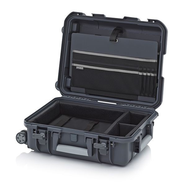 Auer Schutzkoffer Pro Trolley, Anthrazitgrau, ohne Schloss, Laptopeinsatz 15" mit Deckeltafel Band grau, CP 5422 B2-7016