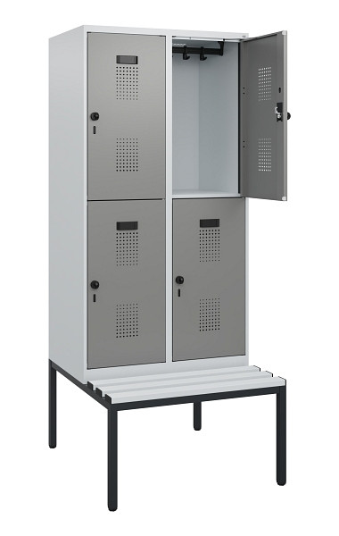 C+P Doppelstöckiger Spind Evolo PLUS, Bank, 4 Fächer, 1950x800x815mm, 7035/0004, Drehriegel, Sitzfläche Kunststoff, Sitzbank, 0493505-22 S10109