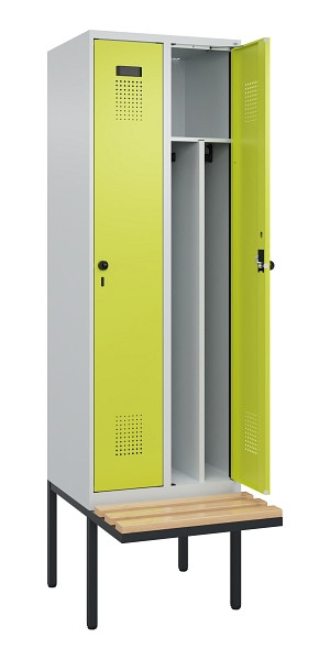 C+P Spind Evolo PLUS, 2 Abteile, 2120x600x815mm, 7035/0024, Drehriegel, Sitzfläche Holz, 0490407-20F S10015