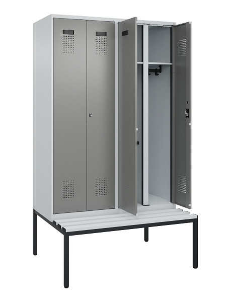 C+P Schwarz-Weiß-Spind Evolo PLUS, Bank, 4 Abteile, 2120x1200x815mm, 7035/0004, Zylinderschloss, Sitzfläche Kunststoff, Sitzbank, 0490527-40 S10095
