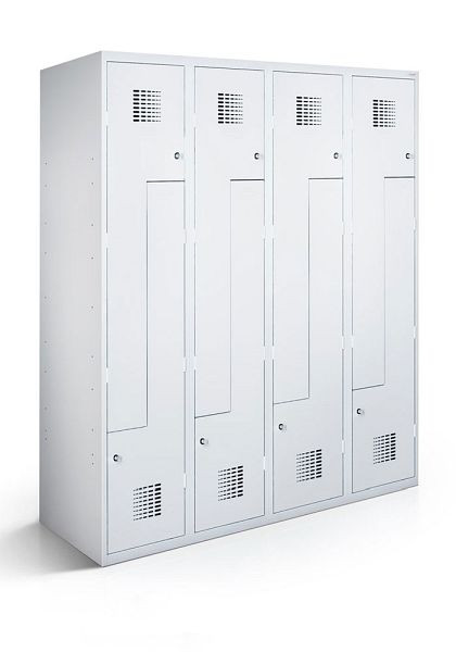 KEMMLIT Z-Spind mit 4 Abteilen und 8 Türen 40cm mit geschlossenem Sockel, Lichtgrau 7035, Drehriegel, 100226