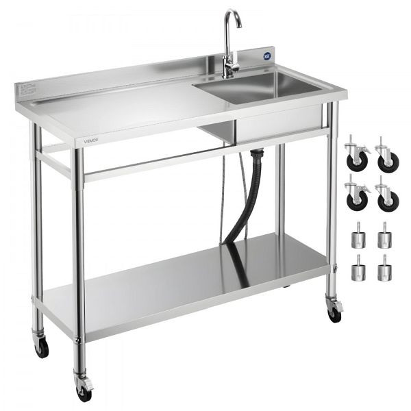 VEVOR Edelstahl Spültisch (1200x500x1055 mm), Einzelbecken mit Wasserhahn & Rädern, Außenspüle mit Arbeitsplatte (links), DSCDGZT120CMXH2J6001V0