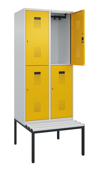 C+P Doppelstock-Spind Evolo PLUS, Bank, 4 Fächer, 2120x800x815mm, 7035/1004, Zylinderschloss, Sitzfläche Kunststoff, Sitzbank, 0493507-22 S10108
