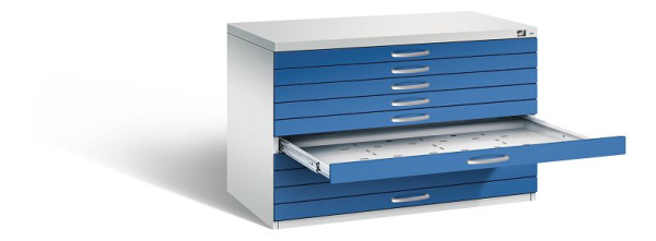 C+P Flachablageschrank Serie 7100_7200, H760xB1100xT765mm, Farbe: Lichtgrau / Enzianblau, Bügelgriff, 7101-000 S10204