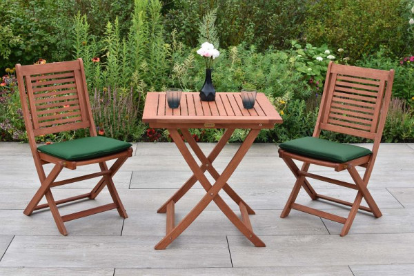 Merxx Cordoba Set 5-teilig, 2 Cordoba Klappstühle, 2 Sitzauflagen, grün, 1 Klapptisch, 70 x 70 cm, FSC Eukalyptusholz, 50547-101