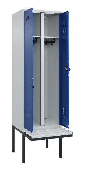 C+P Schwarz-Weiß-Spind Evolo PLUS, Bank, 2 Abteile, 2120x600x815mm, 7035/5010, Drehriegel, Material Sitzfläche Kunststoff, 0490427-20 S10060