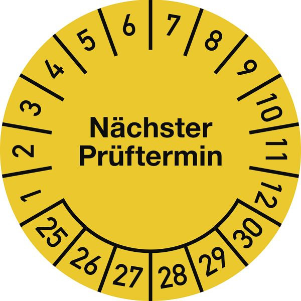 Moedel Prüfplakette Nächster Prüftermin 2025-2030, Folie, gelb, Ø 25 mm, VE: 500 Stück/Rolle, 106259