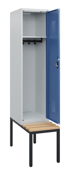 C+P Spind Evolo PLUS, 1 Abteil, 1950x400x815mm, 7035/5023, Zylinderschloss, Sitzfläche Holz, Sitzbank, 0490505-12 S10033