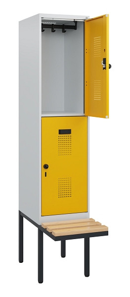 C+P Doppelstock-Spind Evolo PLUS, Bank, 2 Fächer, 1950x400x815mm, 7035/1004, Drehriegel, Sitzfläche Buche-Hartholz, 0493405-12 S10000