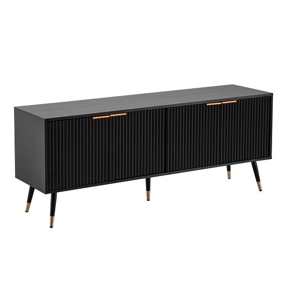 Wohnling Lowboard Schwarz mit Eiche-Dekor 150x60x39cm TV-Kommode, Design TV-Schrank Hoch, Fernsehtisch Fernsehschrank mit Türen, WL6.886