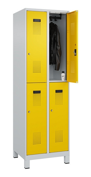 C+P Doppelstöckiger Spind Evolo PLUS, mit Füßen, 4 Fächer, 1950x600x500mm, 7035, Frontfarbe RAL 1023 Verkehrsgelb, Zylinderschloss, 049310-20 S10028