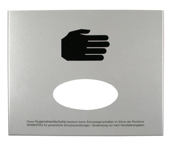Busching Handschuhspender, Entnahme vorne, Front mittige Öffnung, Alu RAL 9006 mit Piktogramm/Schutzhinweis, 100321