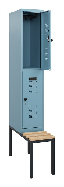 C+P Doppelstöckiger Spind Evolo PLUS, Bank, 2 Fächer, 1950x300x815mm, 0010/0010, Drehriegel, Sitzfläche Buche-Hartholz, Sitzbank, 0493505-10 S10025