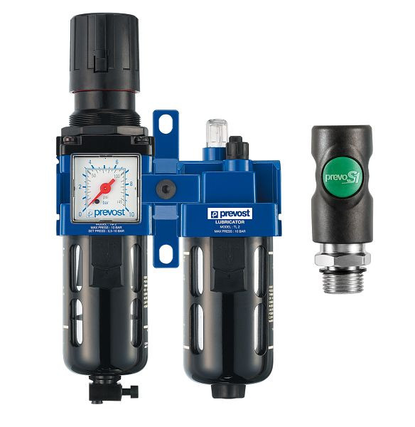 Prevost ALTO2-Doppelblock-Filterregler mit Manometer, Öler, Sicherheitskupplung+Wandbefestigungsset, IG BSPP=G 3/8, Ausgestattet Kupplung=ISI 06, KTB SM2IS