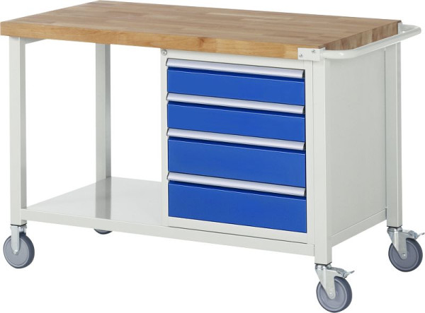 RAU Fahrbare Werkbank 8000 - Modell 8162, B1250 x T700 x H880-1080 mm, Systemunterbau B1245 x T650 mm, 4 Schubladen, 05-8162A6-127B4H.11