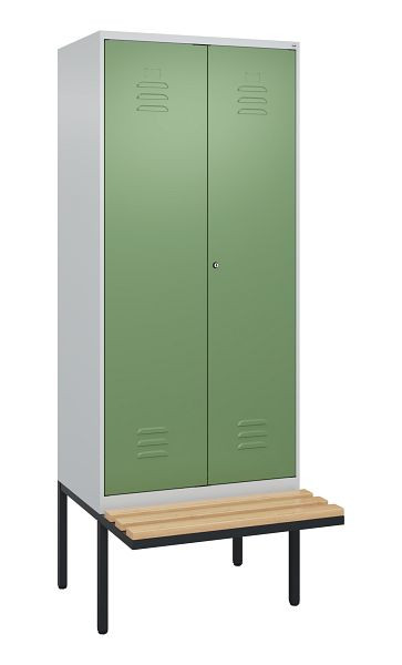 C+P Umkleidespind Classic PLUS SW, 2 Abteile, 2120x800x815mm, 7035/6011, Zylinderschloss, Buche-Sitzleisten, 0800427-22 S10050