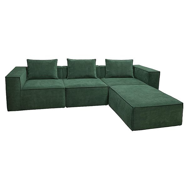 Mendler L-Sofa HWC-O54, Lounge-Couch mit Ottomane, erweiterbar modular rechts/links, Stoff/Textil 63x270x190cm, grün, 153414+153415+153416+153417