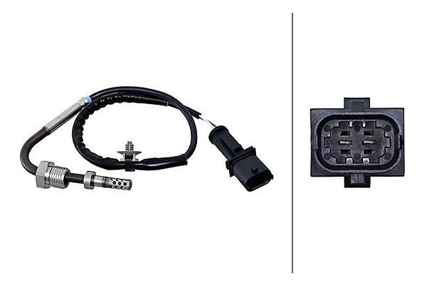 HELLA Sensor, Abgastemperatur - 2-polig - geschraubt - Kabel: 330mm - mit Befestigungsclips am Kabel, 6PT 010 376-321
