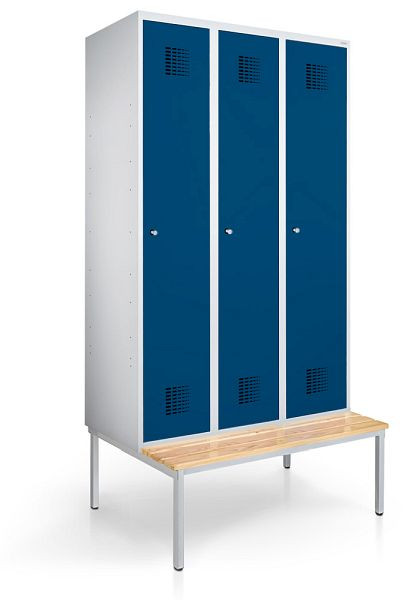 KEMMLIT Spind mit 3 Abteilen 30cm mit Sitzbank, Enzianblau 5010, Zylinderschloss, 100078